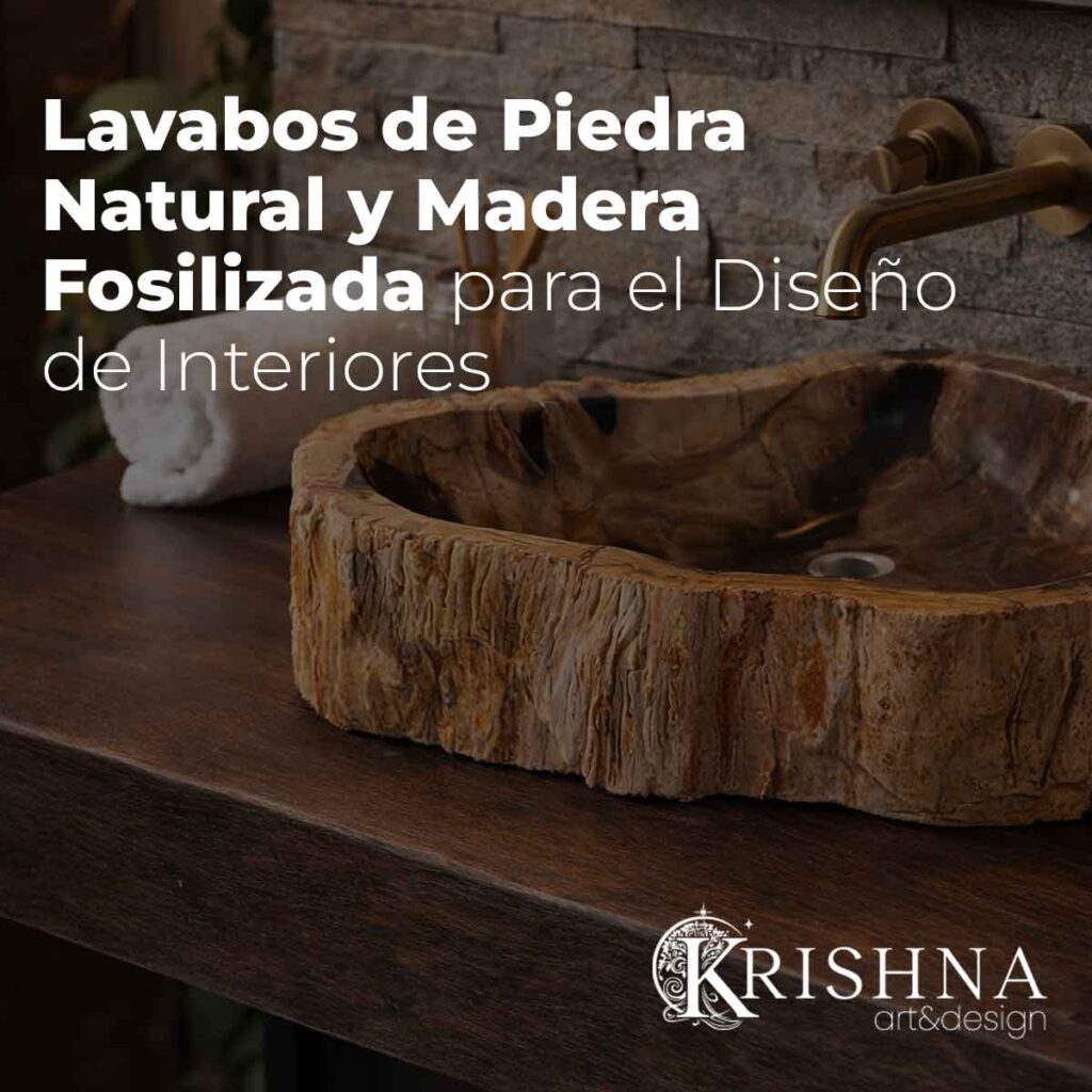 lavabo de piedra natural tipo madera fosilizada sobre encimera con grifo dorado en baño moderno