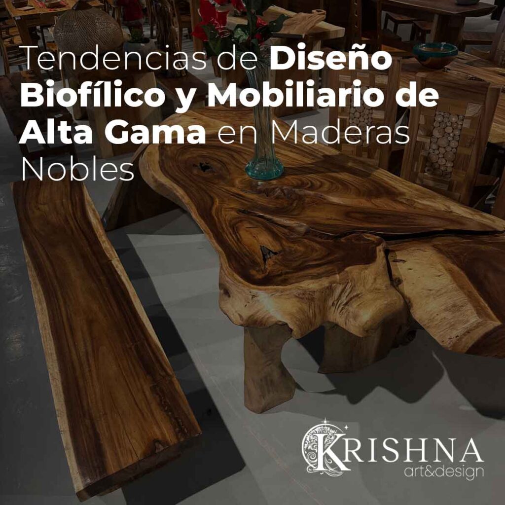 mobiliario de alta gama en maderas nobles en interior con diseño biofílico y plantas naturales