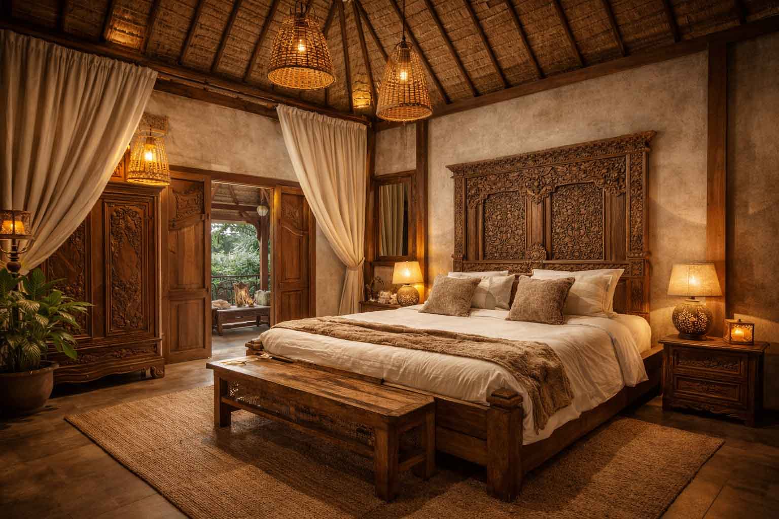 Dormitorio con muebles de Bali en madera de teca para villa u hotel con encanto