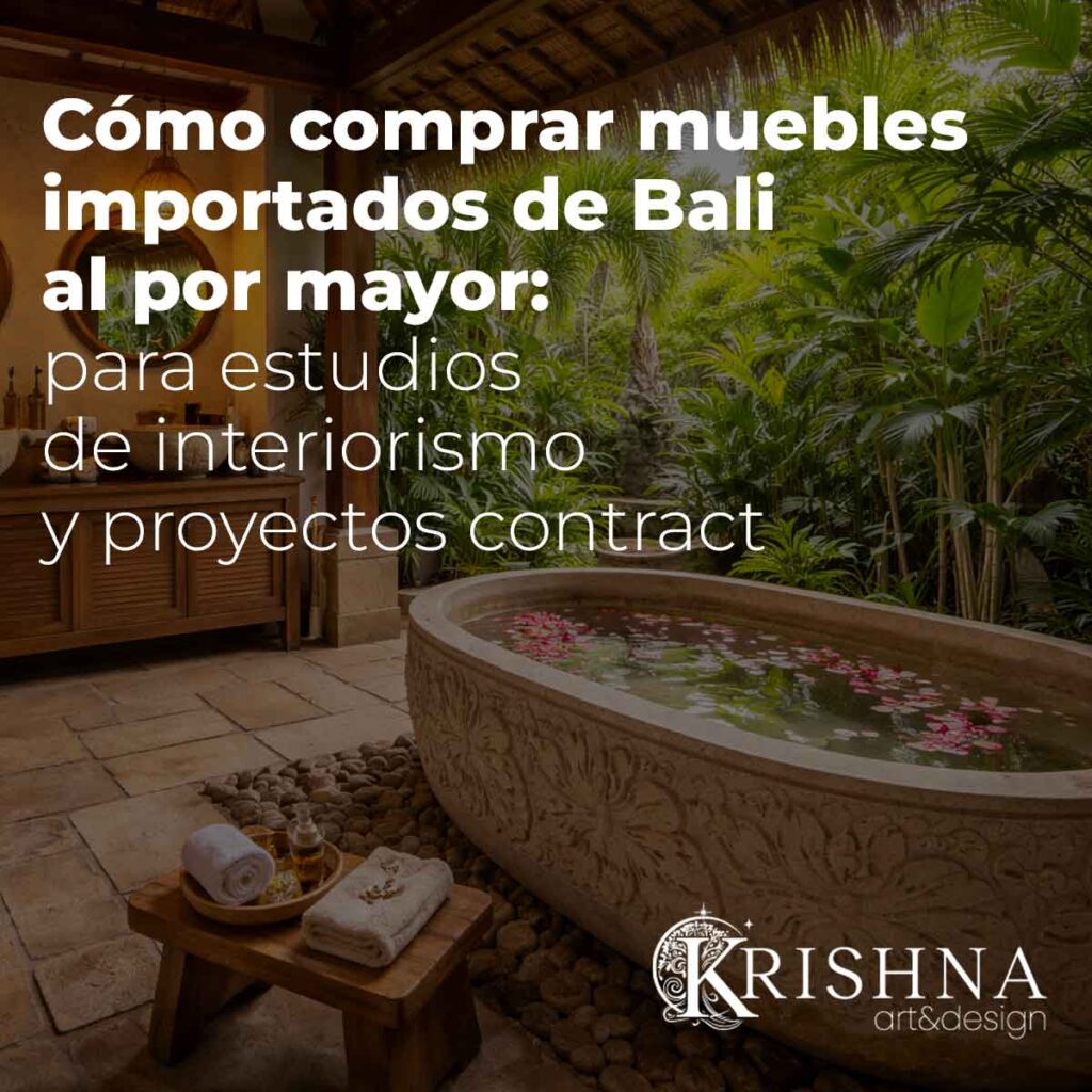 Baño balinés con piedra natural y mobiliario importado de Bali para proyectos de interiorismo y contract