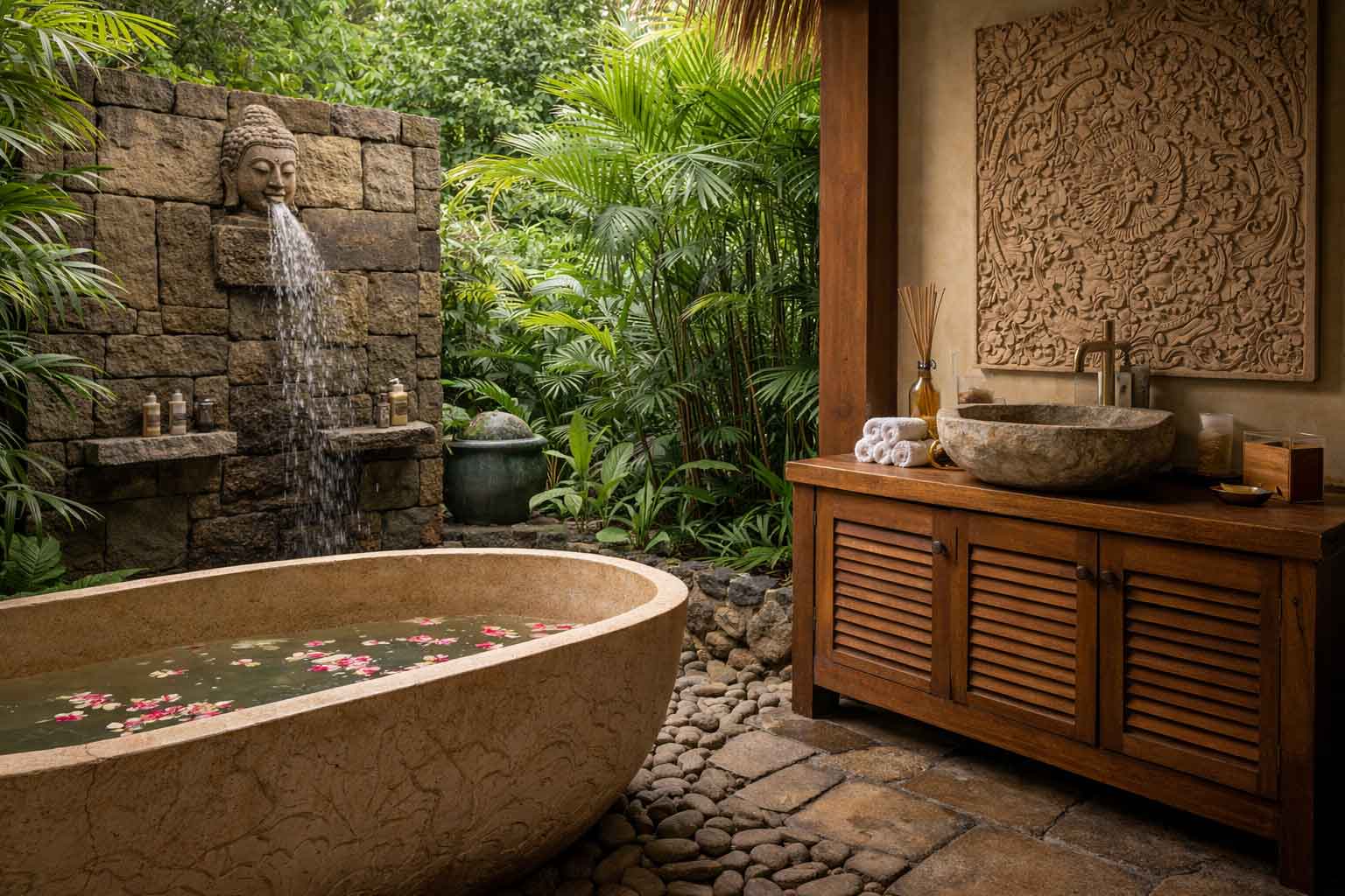 Piedra natural y mobiliario de Bali en proyecto contract para interiorismo profesional