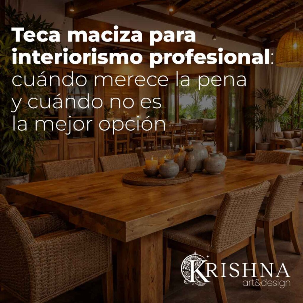 Teca maciza para interiorismo profesional en comedor y salón con mobiliario natural