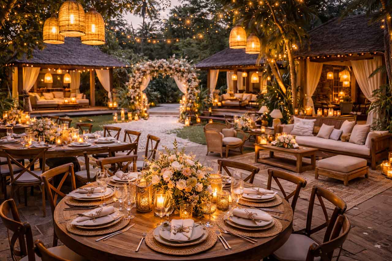 Boda con decoración balinesa en hotel o villa con mesas de madera, lámparas naturales y zona chill out