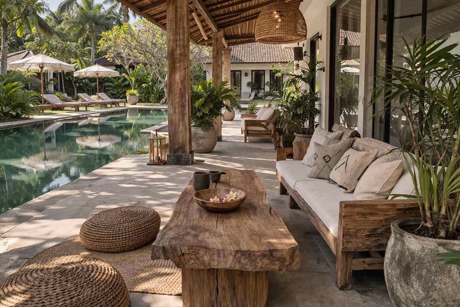 Espacio wellness con decoración balinesa en villa o resort con madera natural, textiles neutros y vegetación