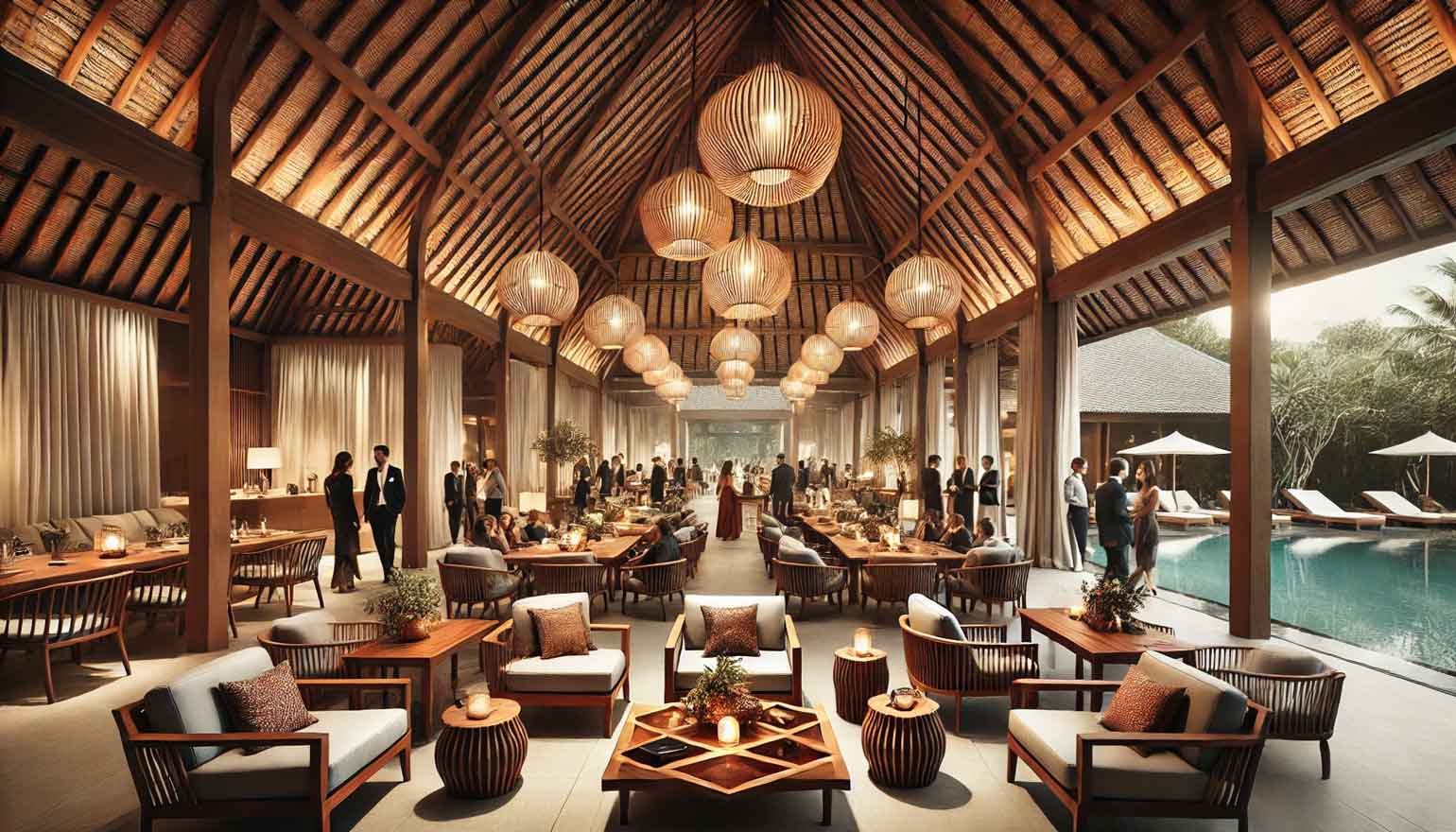 Evento MICE en hotel con mobiliario de Bali, mesas de teca y zona lounge interior