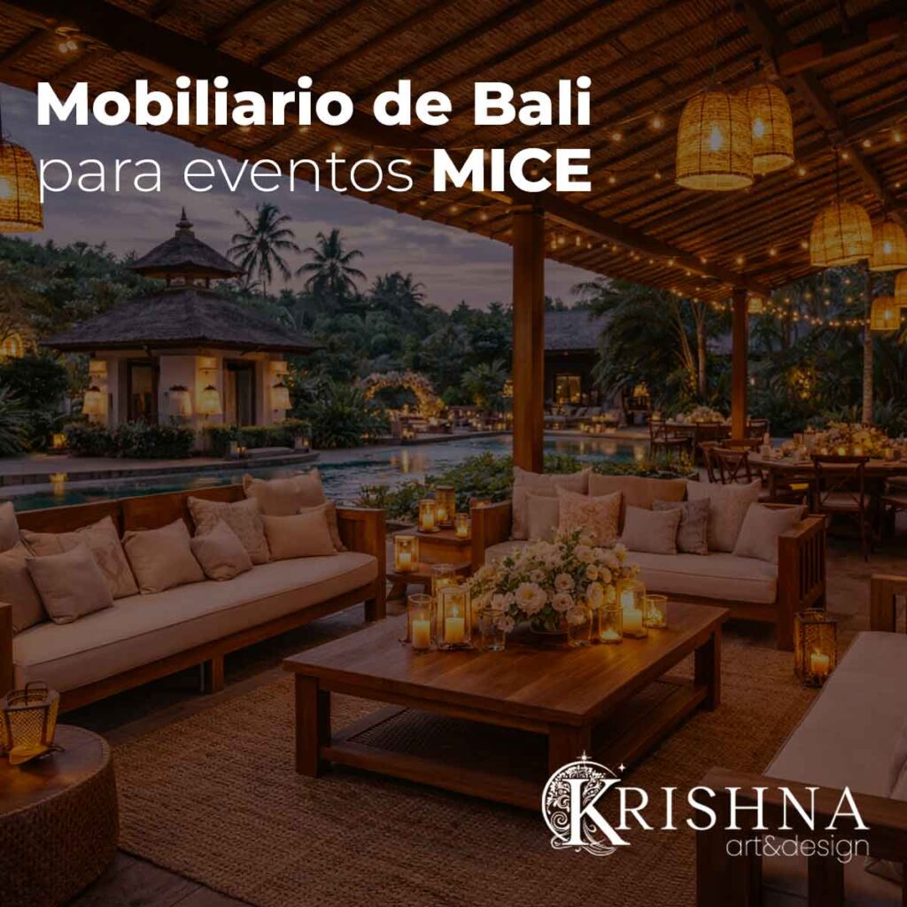Mobiliario de Bali para eventos MICE y hospitality experiencial en hotel con zona lounge y mesas de madera