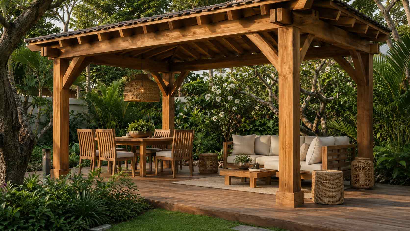 Cenador exterior con madera de teca en jardín con zona de comedor y descanso