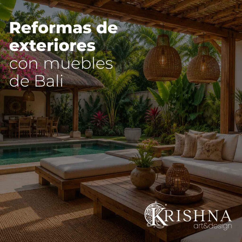 Reformas de exteriores con muebles de Bali en terraza y jardín con pérgola, piscina y mobiliario natural