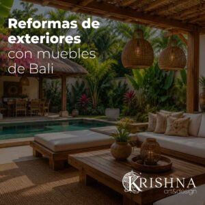 Reformas de exteriores con muebles de Bali en terraza y jardín con pérgola, piscina y mobiliario natural