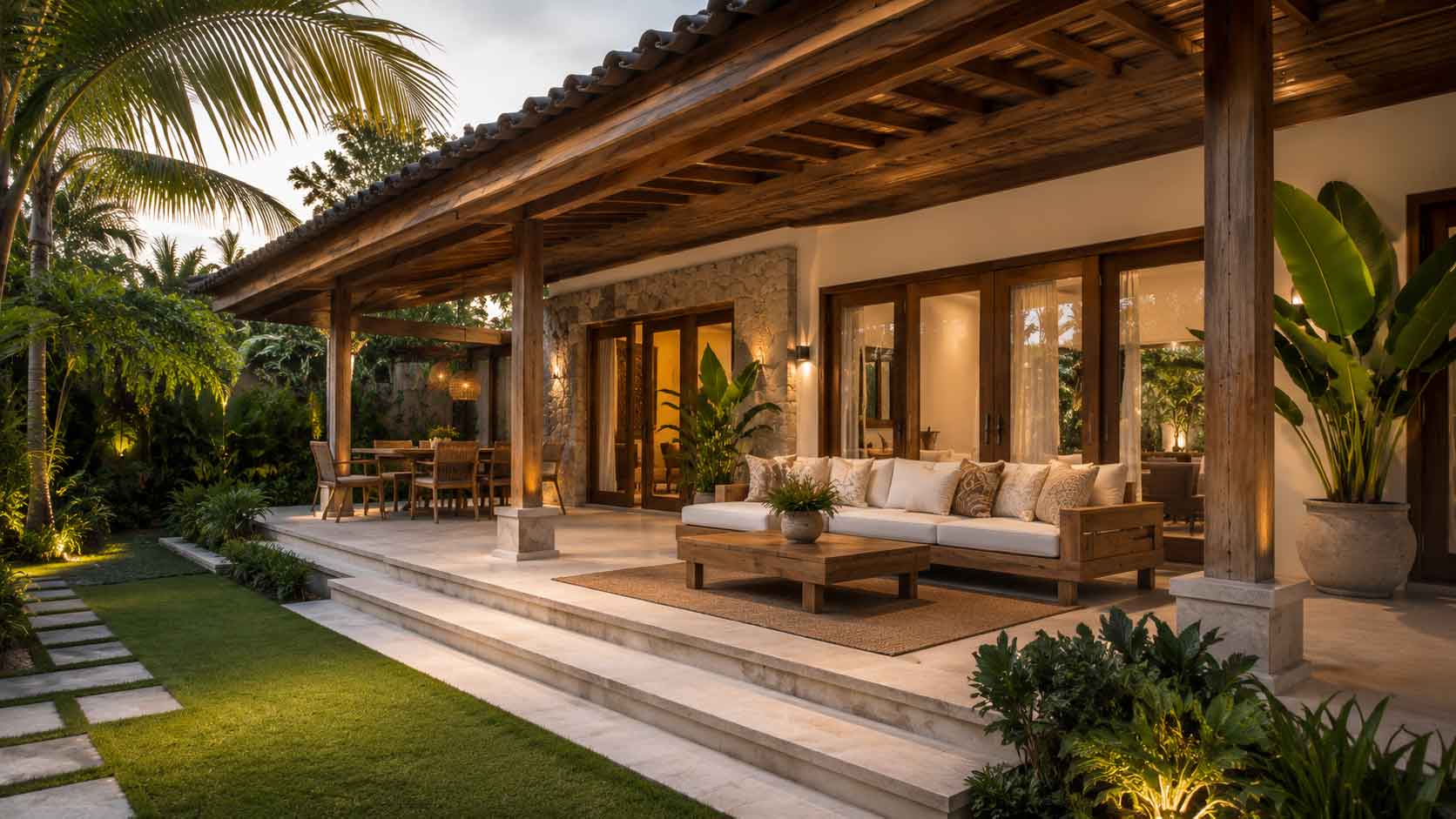 Terraza exterior de casa reformada con muebles de Bali, madera natural y zona de estar