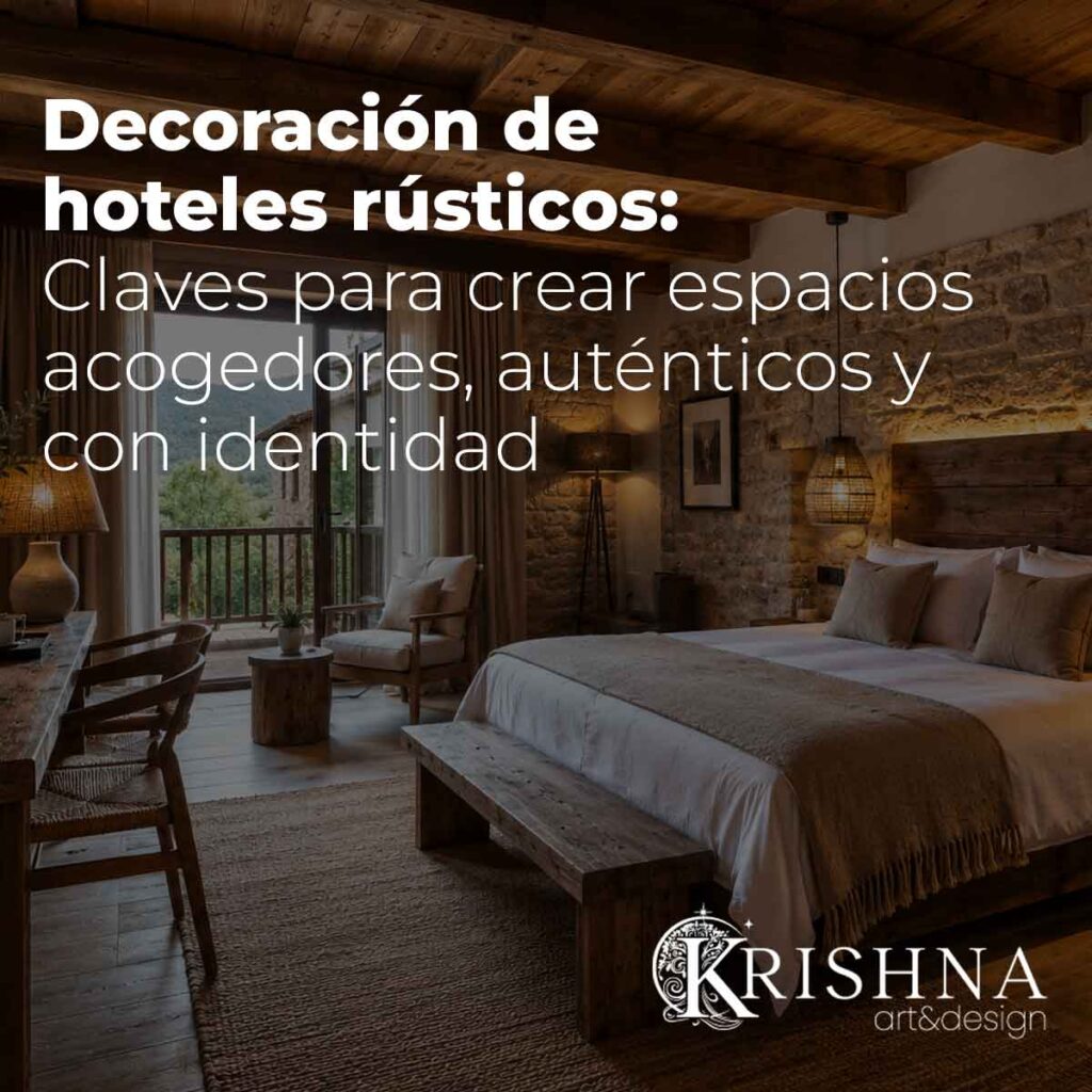 Habitación de hotel rústico con madera, piedra natural y luz cálida