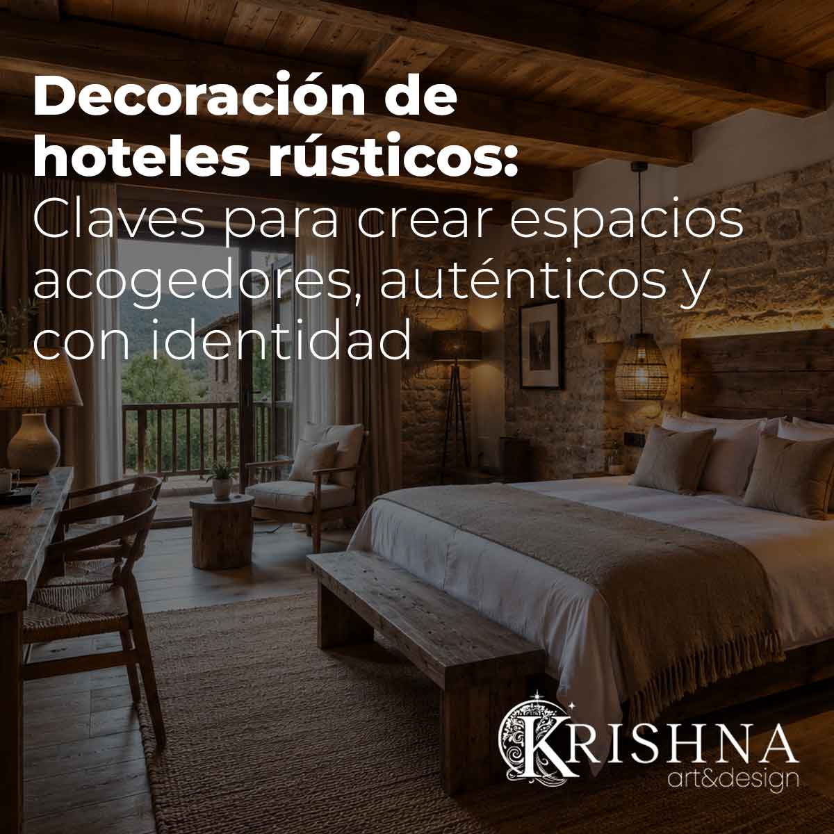 Habitación de hotel rústico con madera, piedra natural y luz cálida