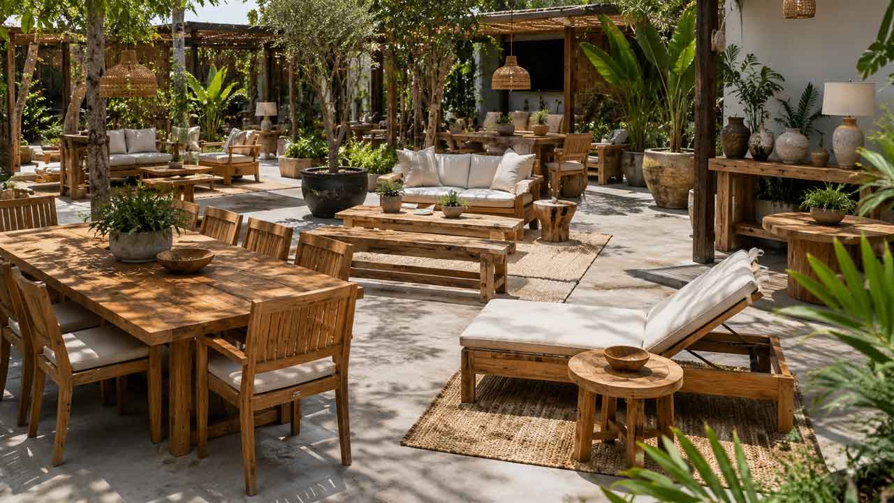 Muestrario de muebles de teca en espacio exterior tipo showroom con comedor, tumbonas y zona lounge