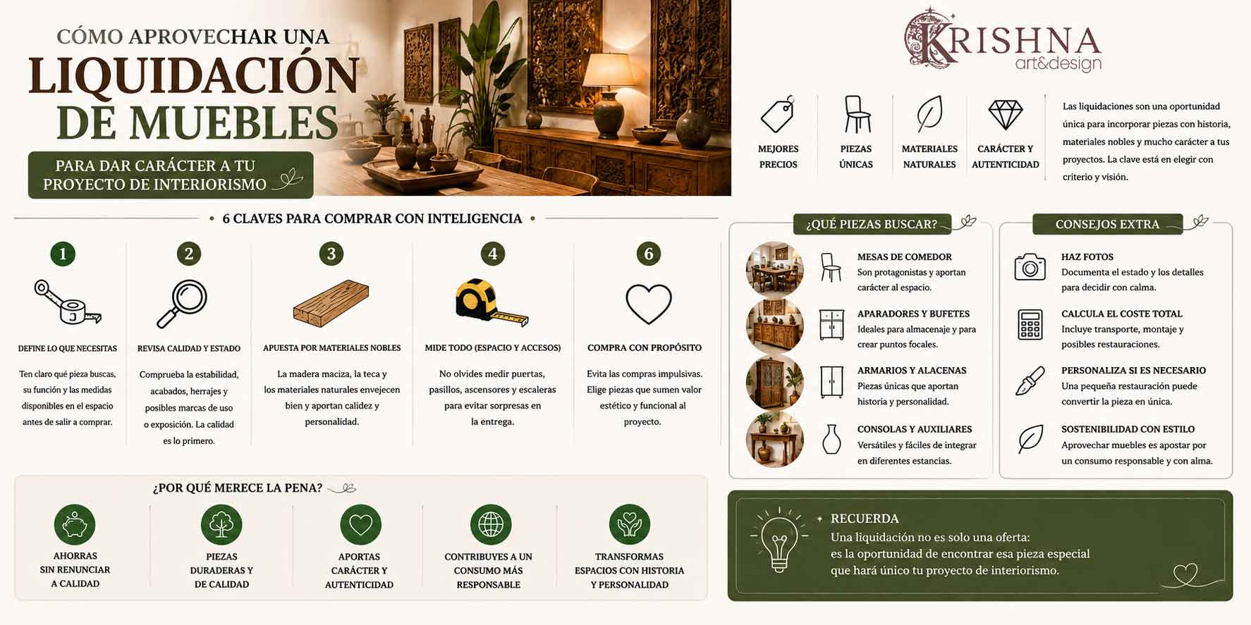 Infografía con claves para aprovechar muebles en liquidación en un proyecto de interiorismo