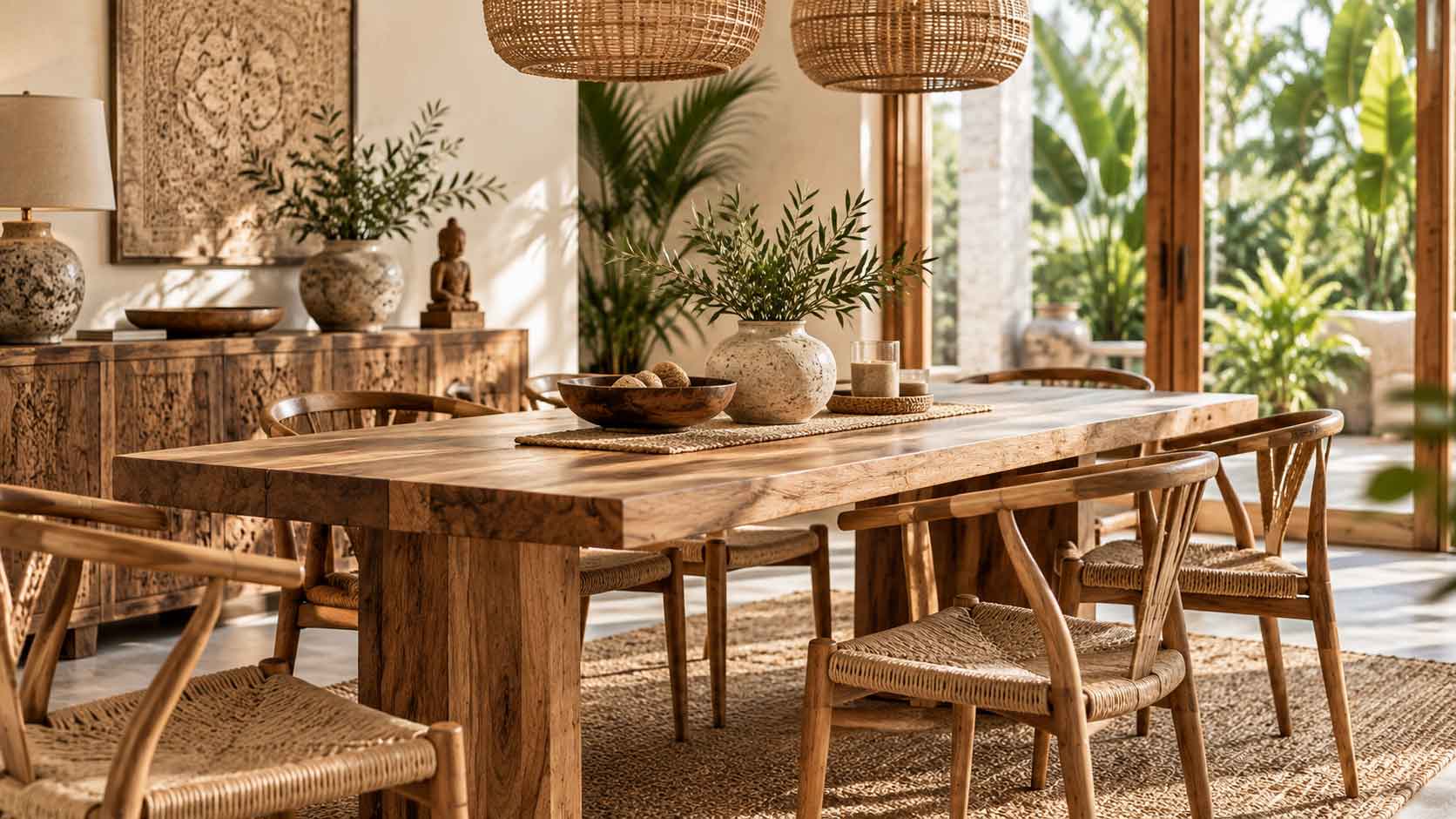 Mesa de comedor de madera natural con sillas de fibras naturales