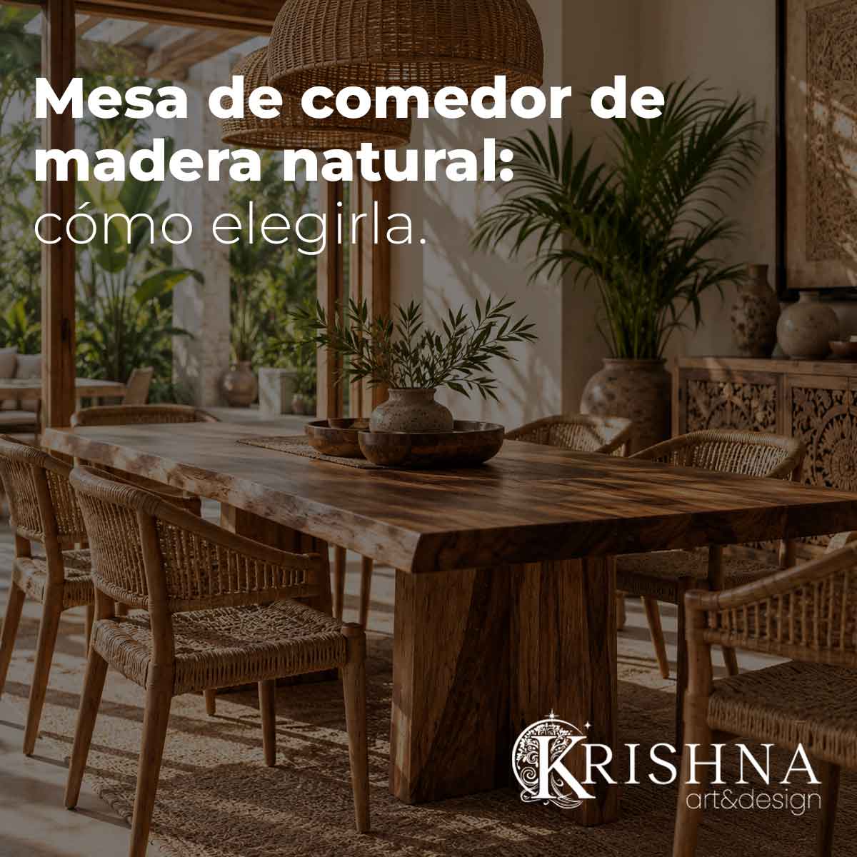 Mesa de comedor de madera natural en un comedor de inspiración balinesa