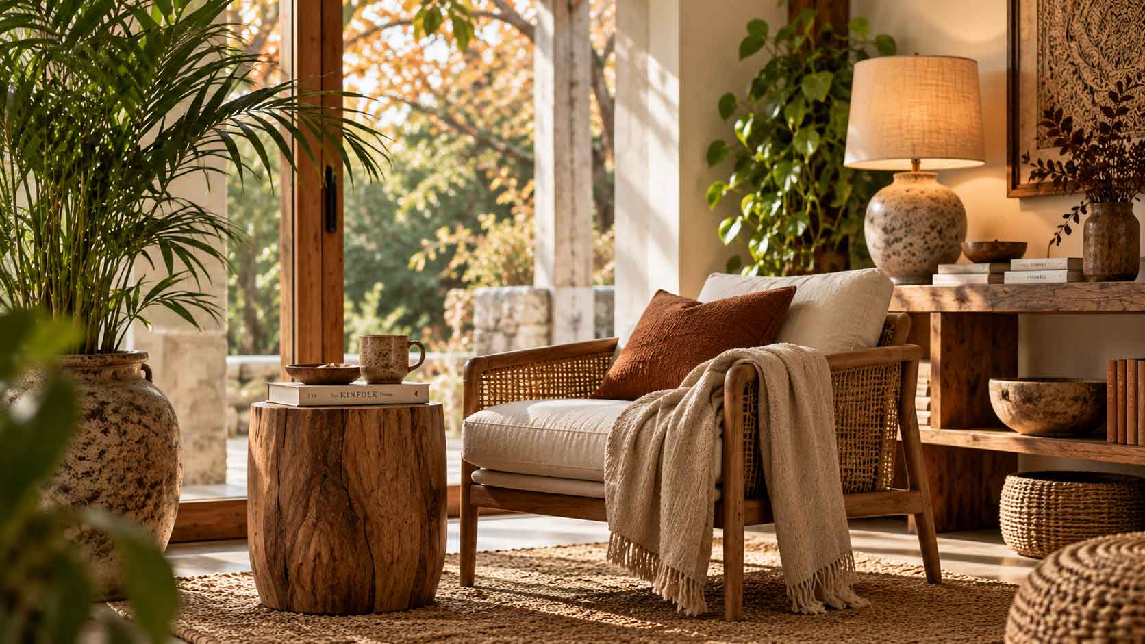 Rincón de lectura con inspiración balinesa y decoración de otoño