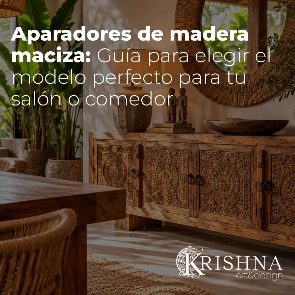 Aparador de madera maciza tallada en un comedor de inspiración balinesa.