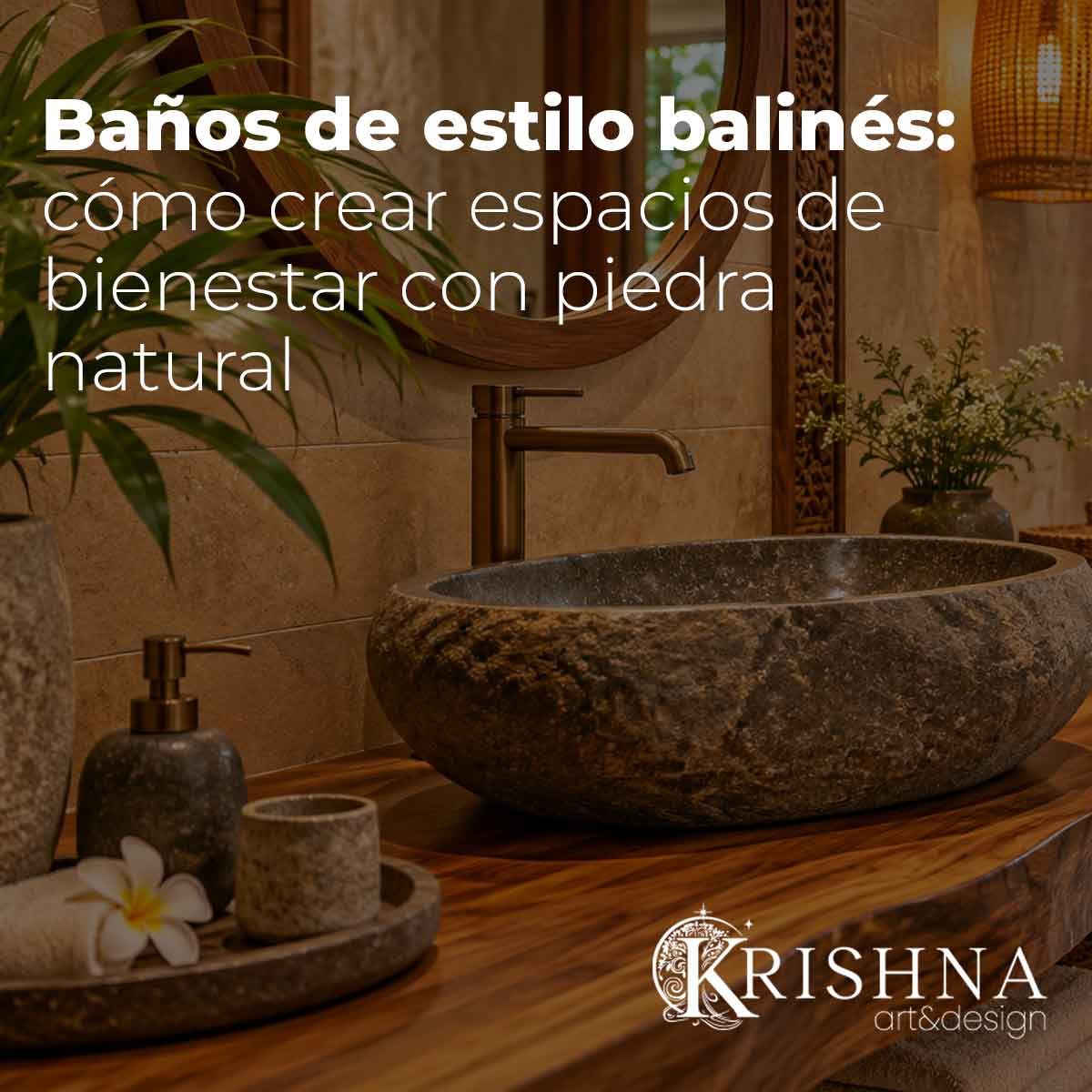 Baño de estilo balinés con lavabo de piedra natural sobre encimera de madera de teca