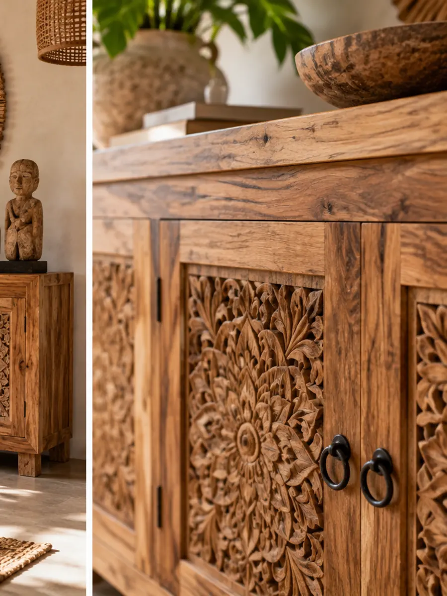 Detalle de la madera de teca tallada con motivos ornamentales en un aparador artesanal.