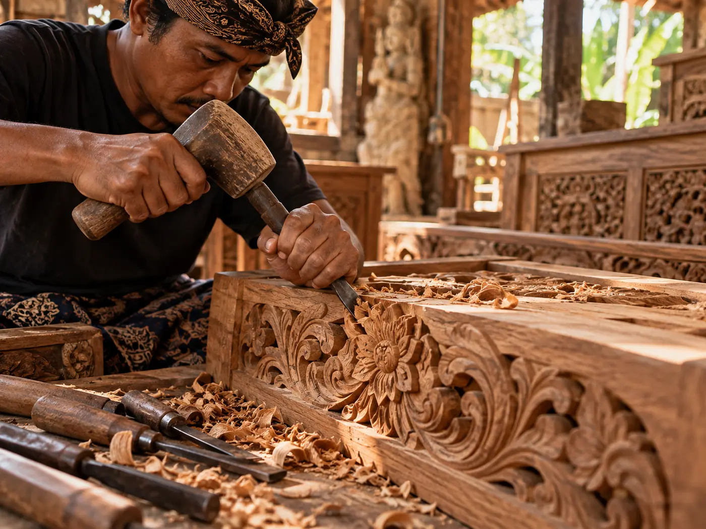 Artesano balinés tallando a mano un panel ornamental de madera con motivos florales.