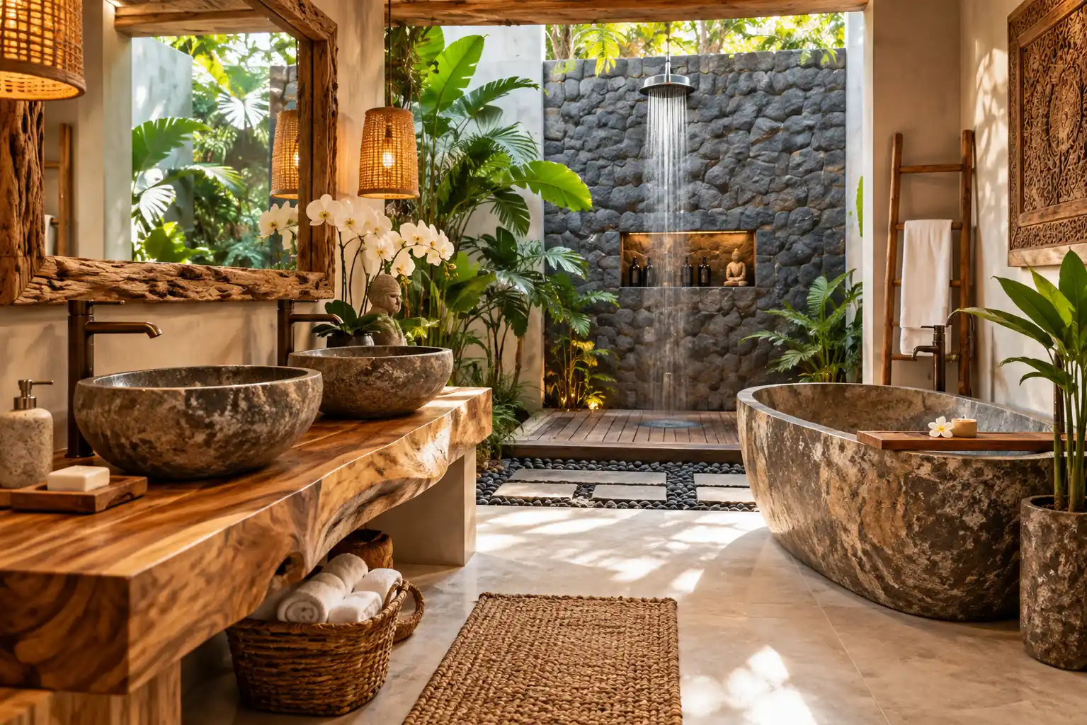 Interior de baño de estilo balinés con lavabos de piedra natural, madera de teca y vegetación tropical.